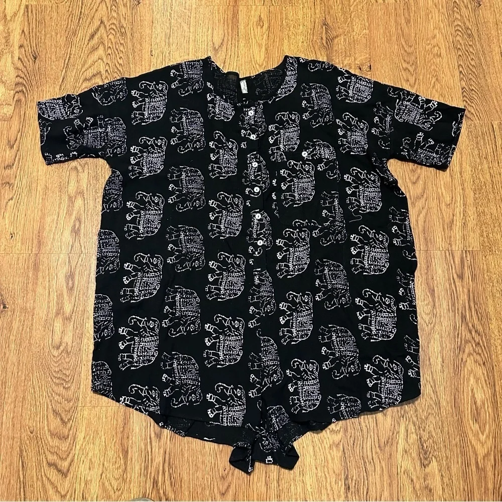 Free People Black Elephant Print Short Sleeve front buttons oversized Romper XS